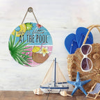 Summer Life is Better at The Pool Front Door Sign, Tropical Coconut Palm Leaves Wood Plaque Hanger Outdoor Outside Porch Home Decor, Swimming Ring Wooden Wreath Indoor Wall Hanging Decoration