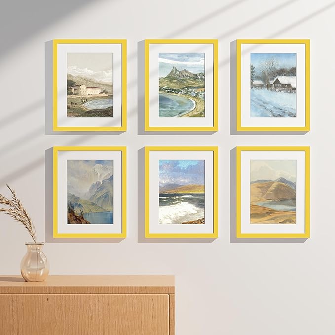 Vittanly 11x14 Picture Frames Set of 9, Shatter Resistant Plexiglass, Display 8x10 Pictures with Mat or 11x14 without Mat, Photo Frames for Wall or Tabletop, Engineered Wood, Yellow
