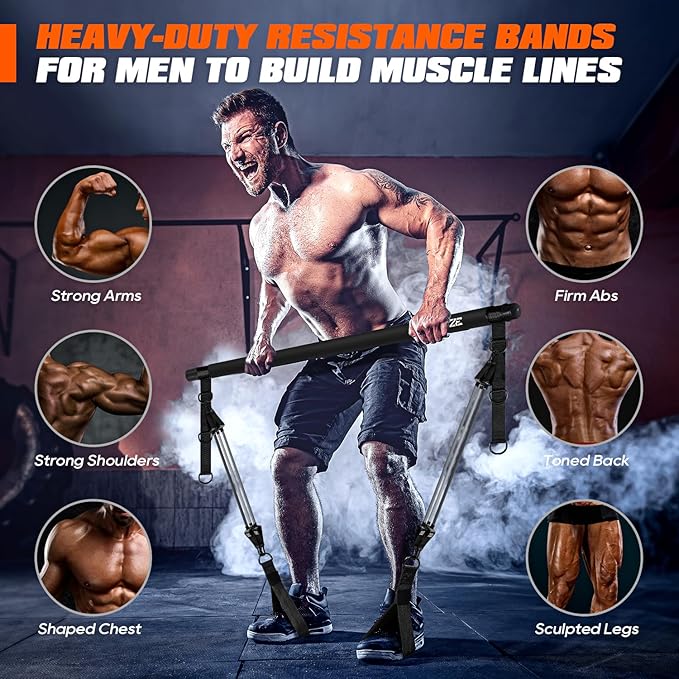 Pilates Bar Kit with Resistance Bands, Heavy Duty Pilates Equipment for Men, Training Bands with Handles for Legs, Hip, Back, Arm, Abs, Chest, Shoulders, Portable Home Gym Workout Equipment