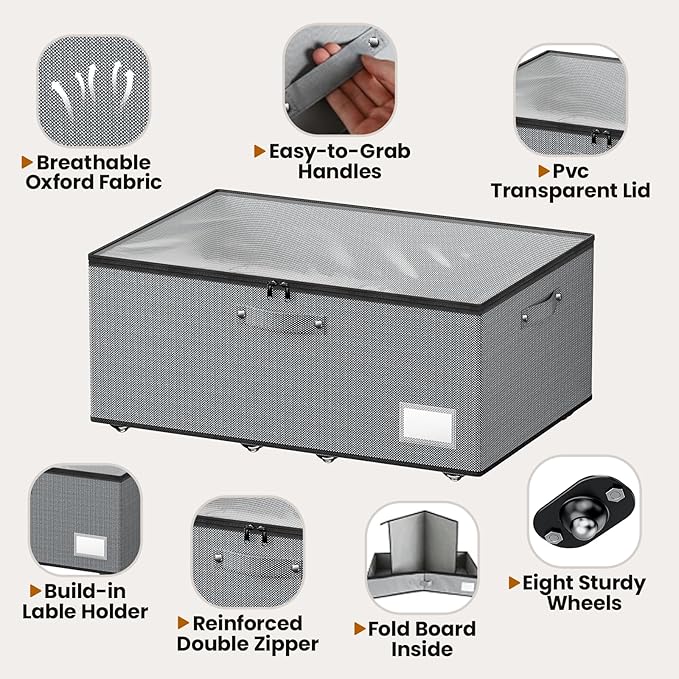 Dayacoco Underbed Storage with Wheels, 2 Pack Under Bed Storage Containers with Clear Lids, No Assembly Required 10.1 inch Rolling Under Bed Storage for Clothes, Grey