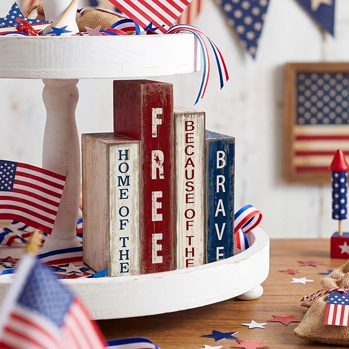 Lineshading 4 Pcs 4th of July Decoration Wooden Book Patriotic Tiered Tray Decor America Decor Red White Blue Memorial Day Centerpiece for 250th Anniversary Independence Day Home Shelf Coffee Bar