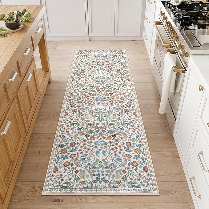 Moynesa Floral Hallway Runner Rug, 2x6 Kitchen Runner Non-Skid Washable, Boho Botanical Soft Ultra Thin Throw Mat for Bathroom Laundry Bedroom, Beige