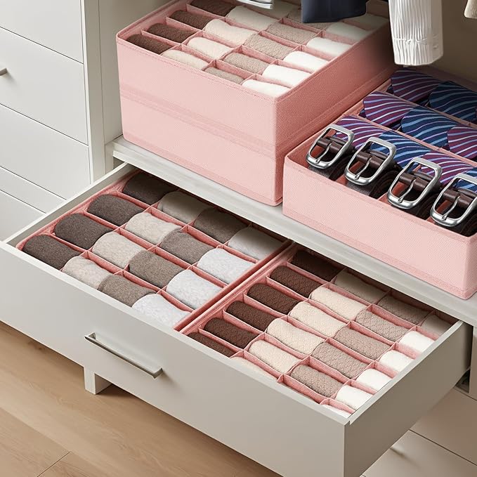DIMJ Sock Organizer Drawer Organizer - Closet Organization and Storage, Underwear Drawer Organizer for Storing Socks, Handkerchiefs, Ties, Belts,Pink