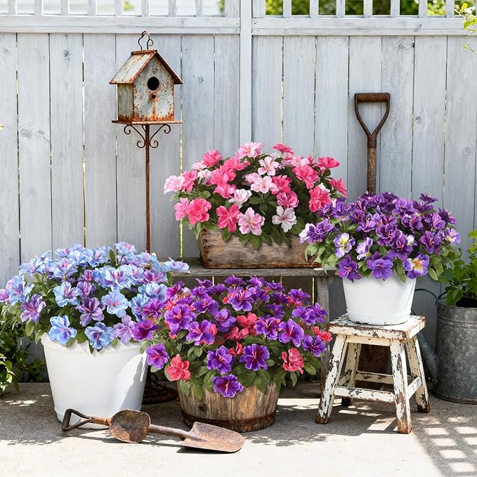 Artificial Fake Flowers for Outdoor, 8 Bundles Faux Plants Silk Flowers Spring Decoration UV Resistant No Fade Plastic Flowers for Outside Planters Home Porch Patio Yard Garden Decor