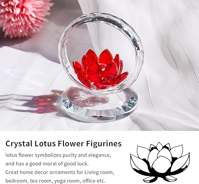 LONGWIN Crystal Lotus Flower Basket Figurine Collectible Glass Flowers Art Decor Reflection Feng Shui Decorative Ornaments for Living Room Bedroom Office Red