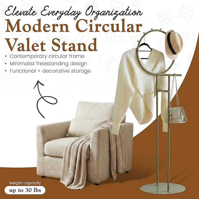Kings Brand Furniture Cheska Suit Valet Stand with Circular Frame - Tie Jacket Clothes Hooks, Freestanding Clothing Organizer, Lemon Pepper