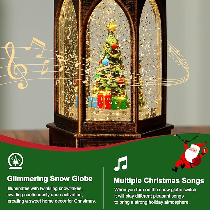 Christmas Snow Globe Lantern Water Glittering Christmas Tree Crown with Music, USB Lined/Battery Operated Lighted Lantern for Christmas Festival Decoration Gifts