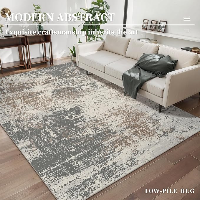 Ciicool Abstract Area Rug Indoor, 3x5 Washable Entryway Rug, Modern Soft Throw Rug with Non-Slip Backing for Bedroom Living Room Entrance Kitchen, Non-Shedding Low-Pile Floor Carpet Doormat Grey Beige