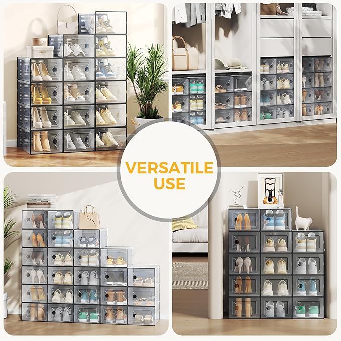 NEWBULIG 36 Clear Shoe Storage Boxes, Shoe Organizer for Closet with Lid, Plastic Stackable Breathable Shoe Cabinet with Lid for Sneakers, Heels & Boots, Black