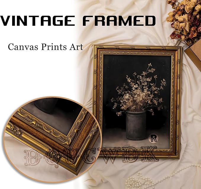 Vintage Gold Framed Wall Art Fall Dried Flowers Antique Vase Country Oil Painting Canvas Prints Dark Moody Rustic Still Life Picture Gothic Victorian Botanical Poster Artwork for Bedroom,16x24in