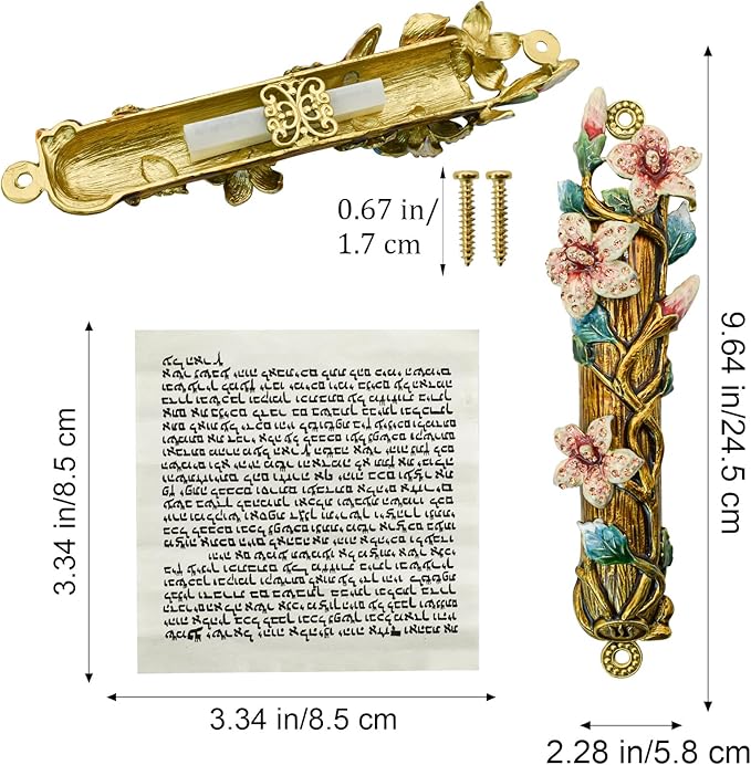 Mezuzah with Scroll for Door, Enamel&Zinc Alloy Blessing Mezuzah Case for Door, Colored Painted Mezuzha Scroll Kosher for Jewish Gifts/Jewish Decor, Christmas (Brushed Gold, 2.28x9.64 in)