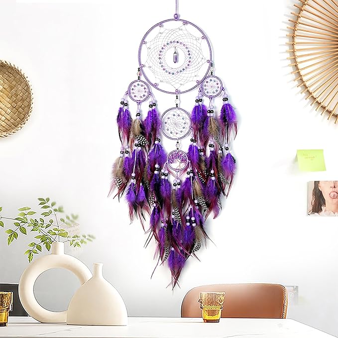 Large Dream Catchers, Boho Handmade Native Macrame Dream Catchers Wall Hanging for Bedroom Living Room Wedding Party Decor, Festival Blessing Gift for Kids Boys Girls (Purple & Black)