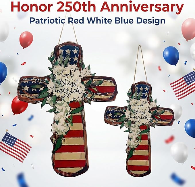 YOYAI Wooden Wall Cross Decor Patriotic Door Hanger Memorial Day Decorations 4th of July Wooden Welcome Wreath for Front Door, Independence Day Decorations - Wooden Cross Outdoor Door Hanger for Porch, Wall, Window