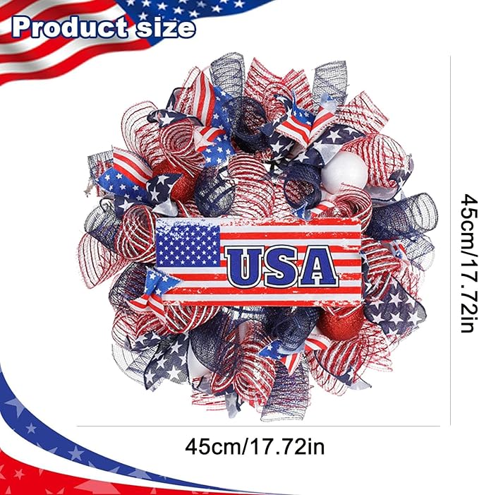 Patriotic Wreath for Front Door Red White Blue Wreath 4th of July Wreaths for Door Wall Memorial Day Decor Independence Day Hanging Decoration for Outside Home Farmhouse Holiday (USA)
