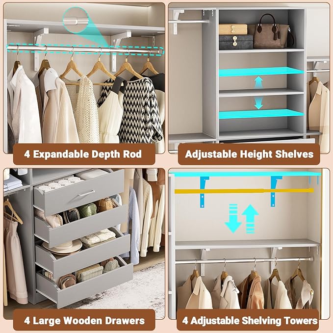 Aheaplus Closet System with Drawers Set of 2, Wood Closet Organizer System with 8 Hanging Rods & Top Shelves, Walk-in Closets Organizer Wardrobe Clothes Rack System, Cut Fits Spaces 4-9FT. Wide, Grey