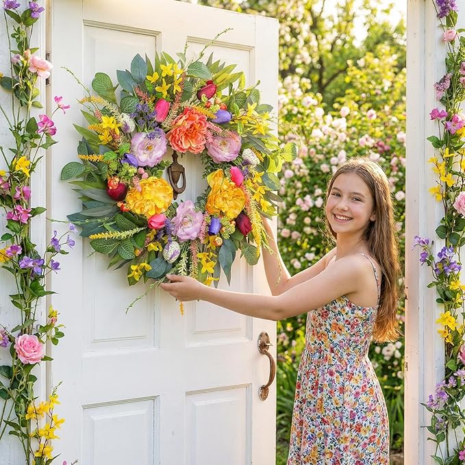 Chrisxiao 24 Inch Spring Summer Wreath for Front Door, Eucalyptus Wreaths with Peony, Tulip & Eucalyptus Leaves,Summer Wreath for Home Farmhouse, Outdoor, Porch, Wall Window Decor All Year Round