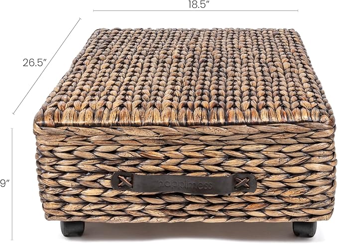 happimess BSK1006B 26.38" Chett Minimalist Hand-Woven Hyacinth/Wood Underbed Storage Bin with Wheels and Handles for Storage and Decoration in Bathroom, Bedroom,Closet,Entryway, Guest Room, Brown Wash