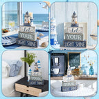 Lineshading 4 Pcs Beach Coastal Table Decor Wooden Lighthouse Decoration with Starfish Summer Tiered Tray Decor Blue and White Ocean Centerpieces Rustic Beach House Nautical Decorations for Home Shelf