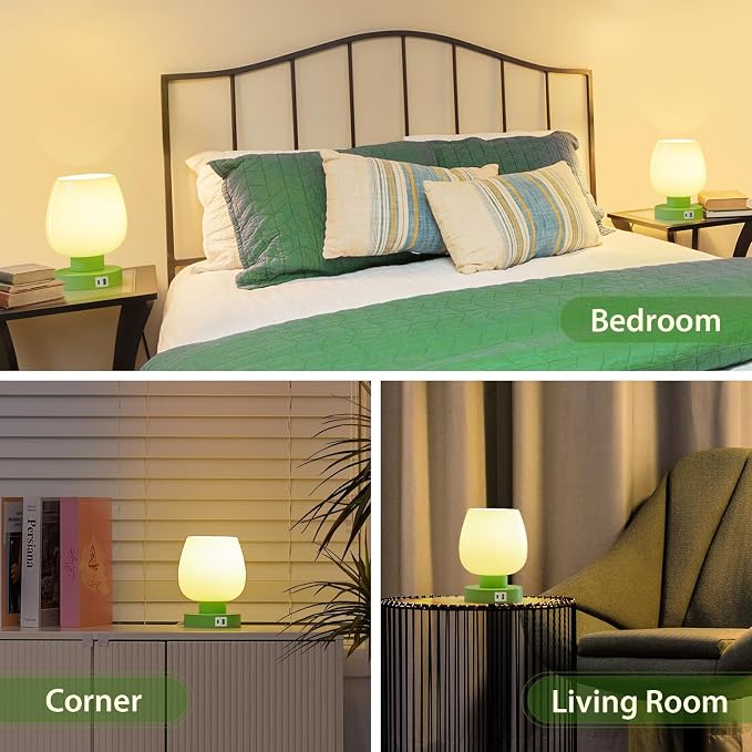 ONEWISH Touch Bedside Table Lamp with USB Charging - 3 Way Dimmable Small Glass Lamp for Bedroom, 2700K LED Bulb Included, Green, 2 Packs