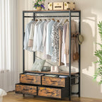 Freestanding Clothes Rack, Garment Holder for Hanging, Heavy Duty Closet Organizer with 4 Drawers, 4 Hooks and Shelves, Wardrobe Storage for Bedroom, Living Room