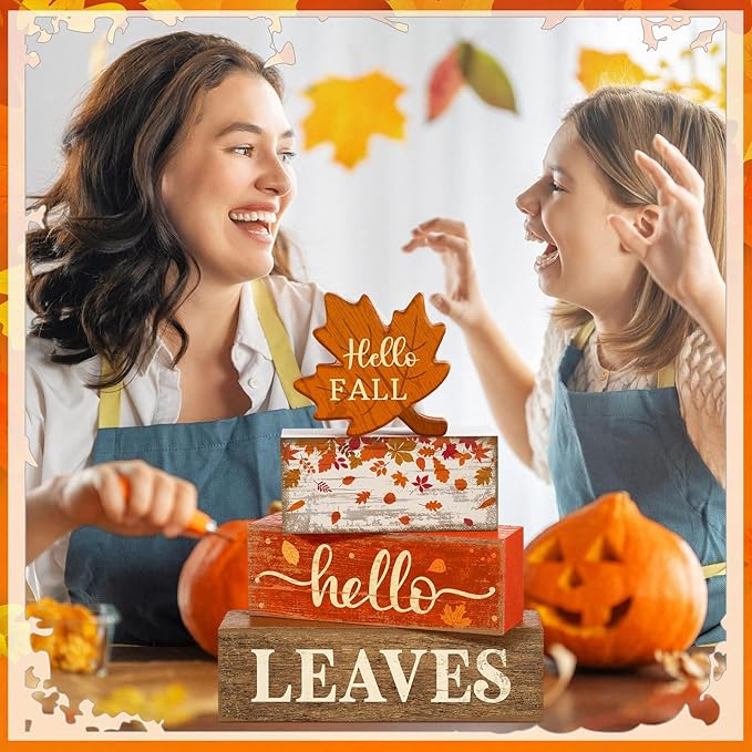 Moucuny 4 Pcs Fall Decor Wooden Maple Leaf Decoration Thanksgiving Tiered Tray Decor Rustic Wooden Maple Leaf Block Sign Thanksgiving Table Centerpiece Farmhouse for Autumn Harvest Party Kitchen Home