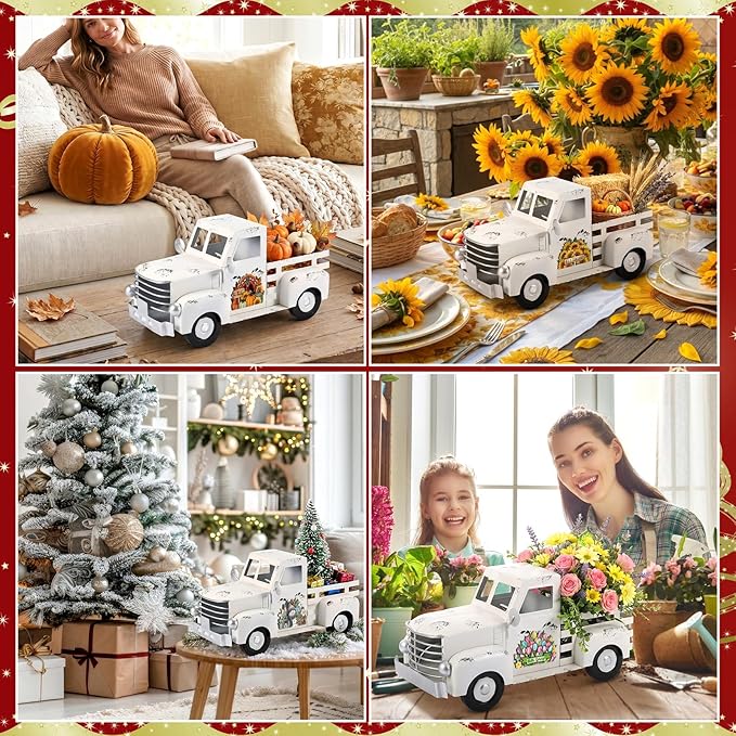 Threehoney Farmhouse Truck Decor 12.2 Inch Vintage White Metal Truck with 16 Magnet Patriotic Table Decoration Summer Centerpieces for Home Kitchen 4th of July Holiday Interchangeable Decor