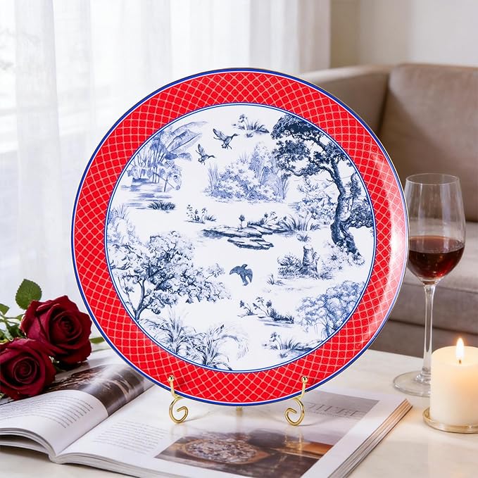 KAMMAK Ceramic Decorative Plate, Porcelain Plates for Kitchen Dining Room Wine Cabinet Home Decor, Vintage Collector Plates with 1 Display Stand, Wanshanlin