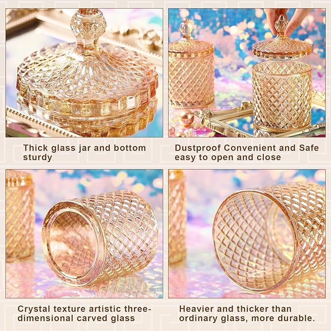 Aoriher 4 Pcs Crystal Glass Candy Jar Set with Lids Home Decorative Storage Jars for Apothecary, Bathroom, Kitchen, and Pantry, Ideal for Cotton Swabs and Jewelry(Large,Amber)