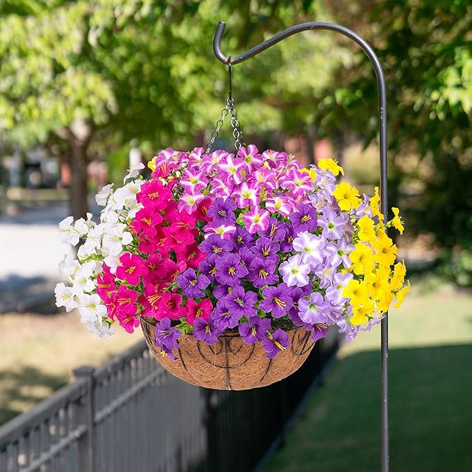INSPRING Artificial Outdoor Flowers Hanging Baskets Faux Plants Spring Decoration, UV Resistant Fake Silk Morning Glory in Planter Look Real Petunias for Outside Patio Porch Balcony Garden Home, 6Mix