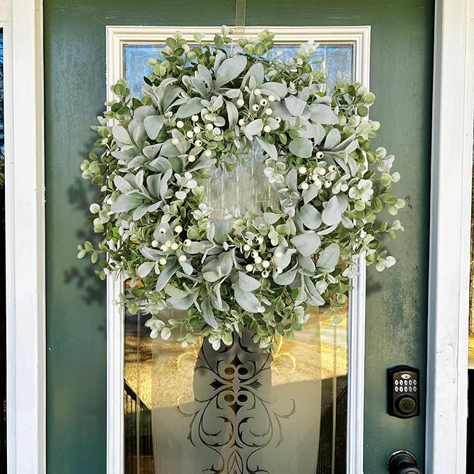26 Inch Large Lambs Ear Wreaths for Front Door Spring Summer Lambs Leaves with White Berries, Artificial Greenery for Farmhouse Porch Wall Living Room Home Wedding Decor for All Seasons Wreaths