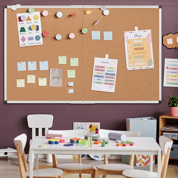 Extra Large Cork Bulletin Board 72" X 48", Foldable Notice Pin Board for Wall, Silver Aluminum Framed 6'x4' Corkboard, Wall Mounted Noticeboard with 36 Push Pins for School, Home & Office