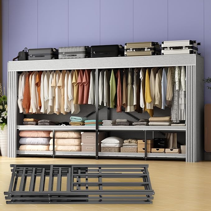 95% Assembled 96" L Heavy Duty Wardrobe Closet, Premium Extra Large Strong Heavy Duty Clothes Rack with Cover,Portable Foldable Freestanding Garment Rack for Hanging Clothes, Black