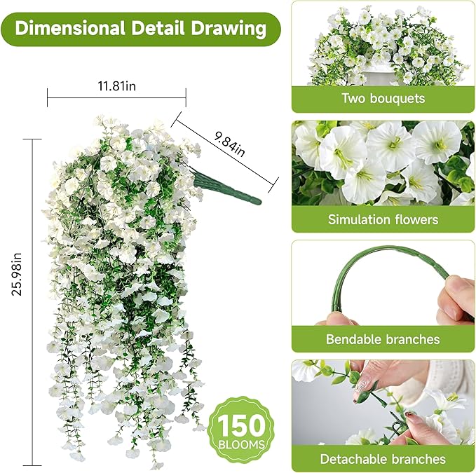 Artificial Hanging Flowers for Outdoors, 2 PCS UV Resistant Faux Silk 150 Morning Glory Each Trailing Vines, Fake Plants for Spring Outdoor Garden Planter Porch Patio Decoration, White