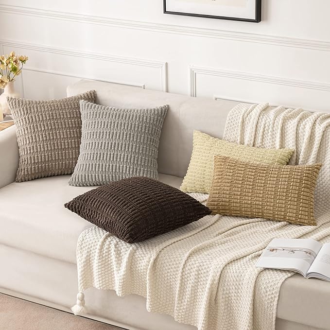 MIULEE Pack of 2 Corduroy Decorative Throw Pillow Covers 12x12 Inch Soft Boho Striped Pillow Covers Modern Farmhouse Home Decor for Sofa Living Room Couch Bed Light Brown