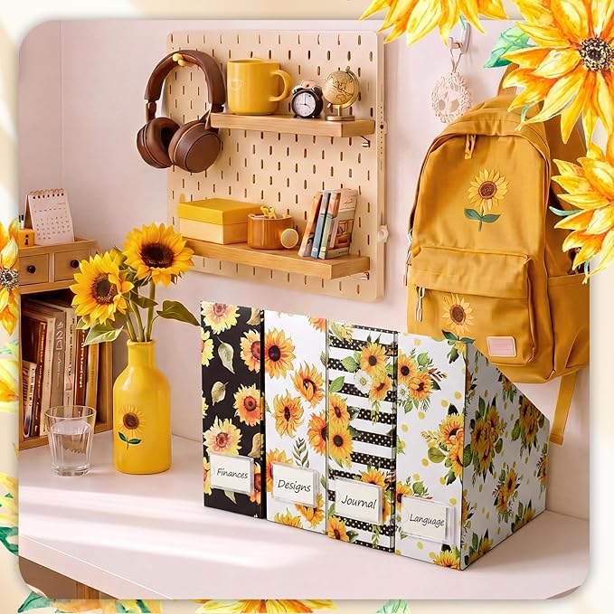 AmazingSpark Set of 4 Sunflower Magazine Holder Decorative Foldable Magazine Storage Boxes with Acrylic Label Holders Coquettish Boho Organizer for Office Home Organization Storage