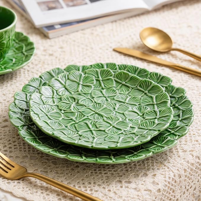 KAMMAK Ceramic Decorative Plate Set of 2, Porcelain Plates for Kitchen Dining Room Wine Cabinet Home Decor, Vintage Collector Plates with 2 Display Stand, Green flowers (8-inch + 10-inch)