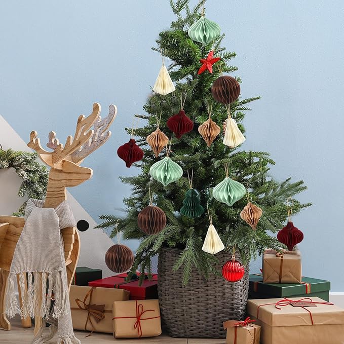 Soulchen 24 Pcs Christmas Paper Honeycomb Ornaments 3D Mini Honeycombs Lantern Vintage Christmas Hanging Ornaments Party Decorations for Xmas Tree Home New Year Decor