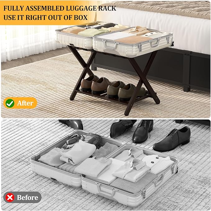 Bamboo Luggage Racks Set of 2, Fully Assembled Luggage Rack for Guest Room, Folding Suitcase Stand with Shoe Shelf, Heavy Duty Luggage Holder for Suitcases, Dark Brown