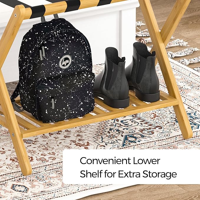 Luggage Racks Set Of 2 Suitcase Stand Foldable With Storage Shelf For Guest Room Hotel Essentials Solid Bamboo Heavy-Duty Item Holder Natural