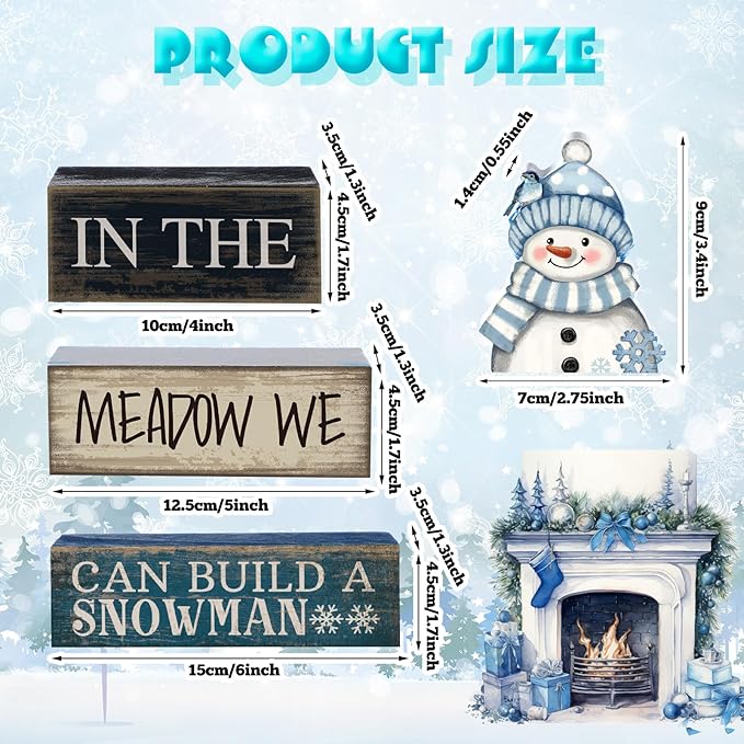 Yuntau 4 Pcs Winter Table Decoration Blue Snowman Decor Winter Tiered Tray Decor Christmas Centerpiece Decorative Wooden Snowman Block Sign Decoration for Home Kitchen