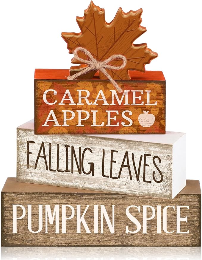 Moucuny 4 Pcs Fall Decor Wooden Maple Leaf Decoration Thanksgiving Tiered Tray Decor Rustic Wooden Maple Leaf Block Signs Thanksgiving Table Centerpiece Farmhouse for Autumn Harvest Party Kitchen Home