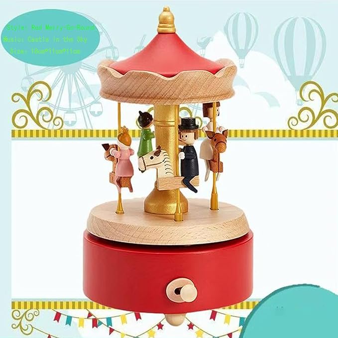 Natural Solid Wood Handcrafted Beech Wooden, Musical FigureTotoro/Carousel/Fairy/Ballerina Figurine,Rotating Hand Crank Mechanism Music Box,Musical Decorations (Red Merry-Go-Round)