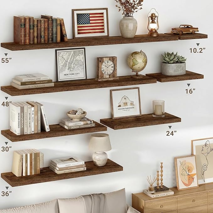 Vivelove 10 Inch Deep Floating Shelves 30 inch Long, 30 x 10 Wide Wall Shelves with Invisible Brackets, for Bedroom Bathroom Living Room Kitchen Office, Farmhouse Home Decor, Set of 2, Rustic Brown