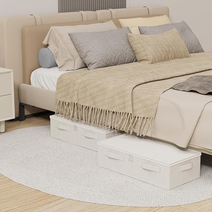 Underbed Storage Container, Foldable Under Bed Bins, Wardrobe Organisers with Lid for Organizing Clothes, Sheets, Blankets, Comforter, 23.6x11.8x5.9in, Beige, 2 Pack