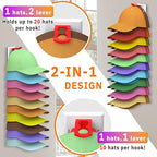 Hat Organizer for Baseball Caps, 2 Pack Hold Up to 40 Hats, Hat Rack for Wall Space Saving, Hat Hanger w/Strong Adhesive Hat Storage Holder Display for Closet Door and Wall(White& Color)