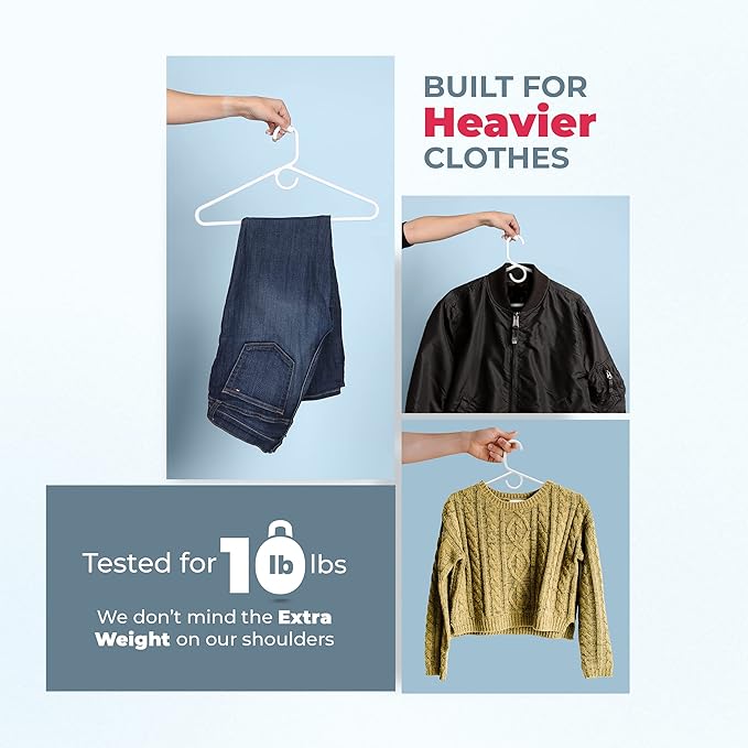 Neaties Heavy Duty Clothes Hangers 100 Pack (108 Count) – Made in the USA – 8lb Capacity Plastic Hangers for Adult Clothing – Durable for Pants, Coats, Jackets, or Jeans – White & Mint