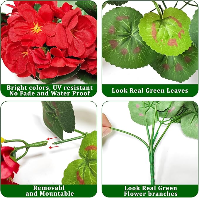 Artificial Geraniums Flowers for Outdoors Spring Decor, 8 Bundles UV Resistant Fake Geraniums Flowers Silk Faux Plants for Home Planter Gardens Table Patio Porch Indoor Summer Cemetery Decor(Red)