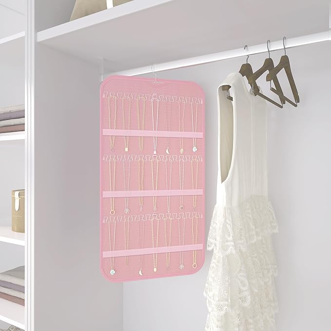 2-Pack Hanging Jewelry Organizer Storage, 40 Pockets 36 Hooks Necklace Earring Necklace Bracelet Ring Organizer, Double - Sided Design, Pink