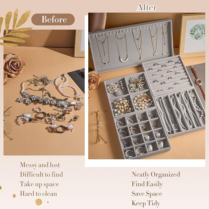 Set of 5 Stackable Jewelry Organizer Trays for Drawer 14 Inch Velvet Jewelry Drawer Insert Display Storage with Removable Divider for Necklace Earring Ring Watch Bracelet (Gray)