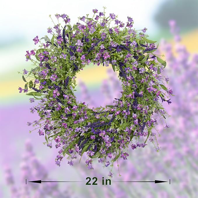 LLZLL Purple Spring Wreaths for Front Door 22 Inch Summer Wreath Artificial Violet Lavender Wreath with Eucalyptus Leaf for Spring Easter Home Decorations